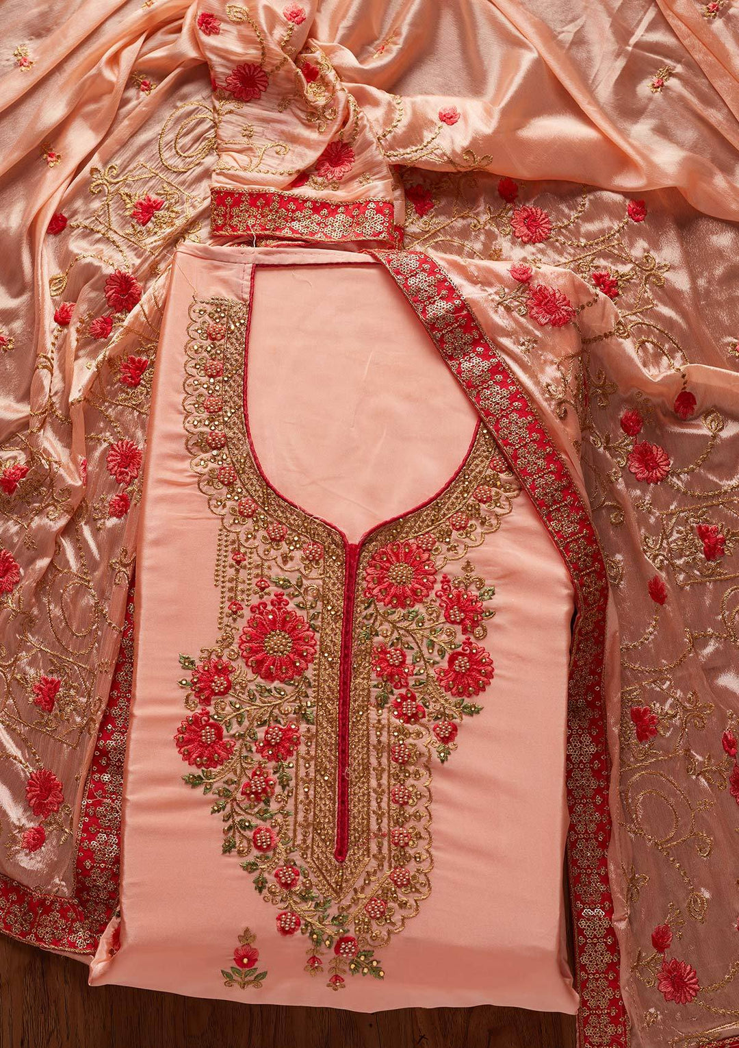 Peach Zariwork Semi Crepe Designer Unstitched Salwar Suit - koskii