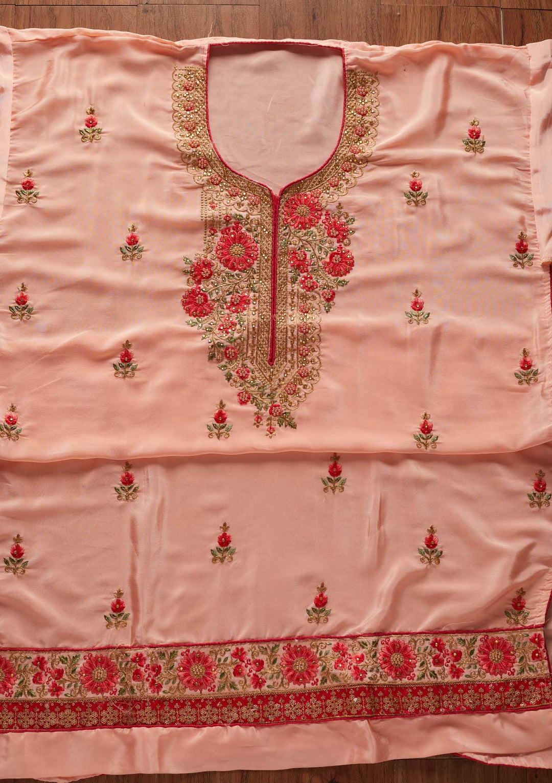 Peach Zariwork Semi Crepe Designer Unstitched Salwar Suit - koskii