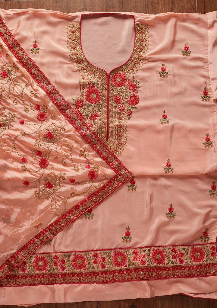 Peach Zariwork Semi Crepe Designer Unstitched Salwar Suit - koskii