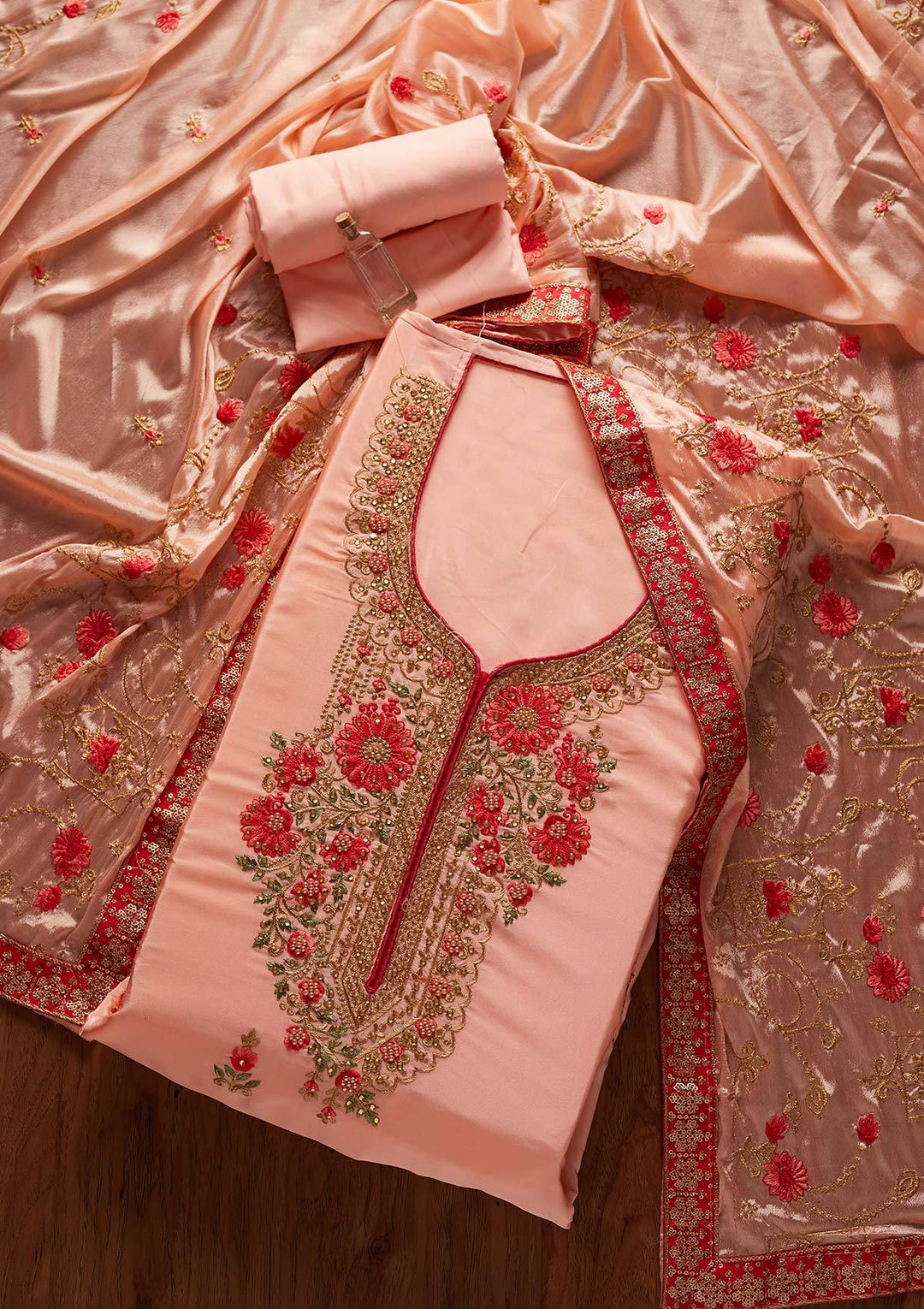 Peach Zariwork Semi Crepe Designer Unstitched Salwar Suit - koskii