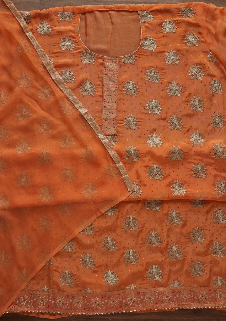 Peach Zariwork Semi Crepe Designer Unstitched Salwar Suit - Koskii