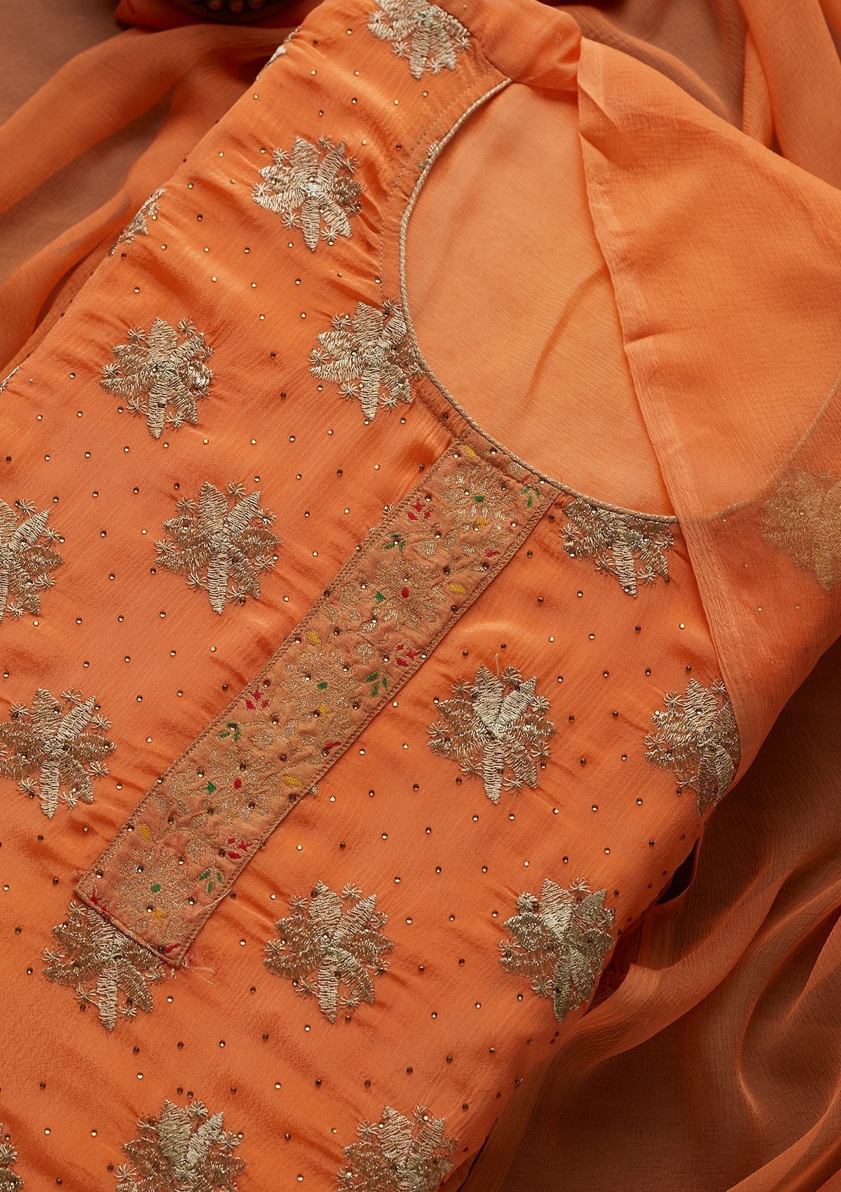 Peach Zariwork Semi Crepe Designer Unstitched Salwar Suit - Koskii