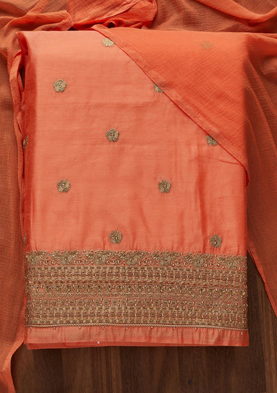 Peach Zariwork Semi Crepe Designer Unstitched Salwar Suit - Koskii