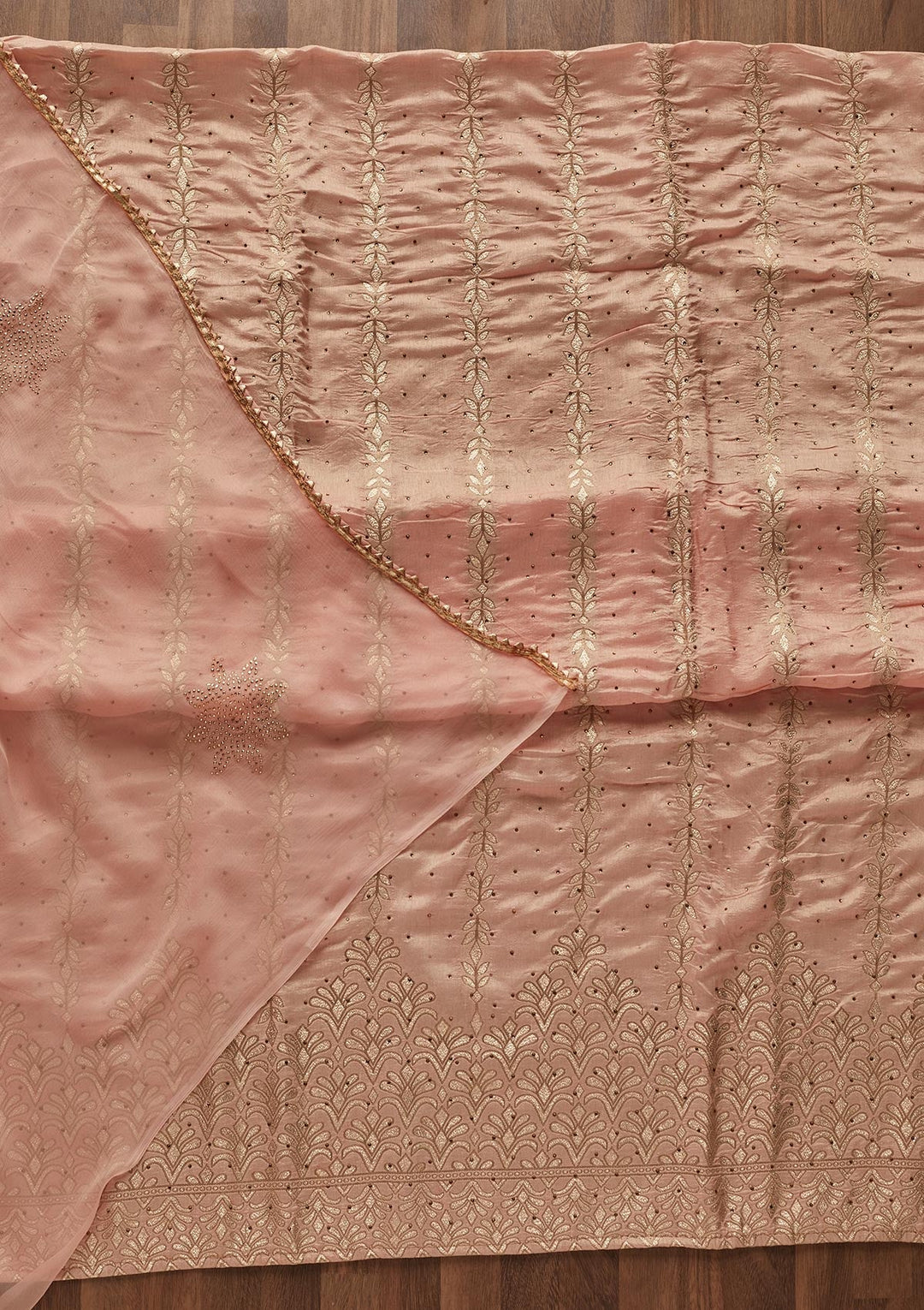 Peach Zariwork Semi Crepe Designer Unstitched Salwar Suit - Koskii