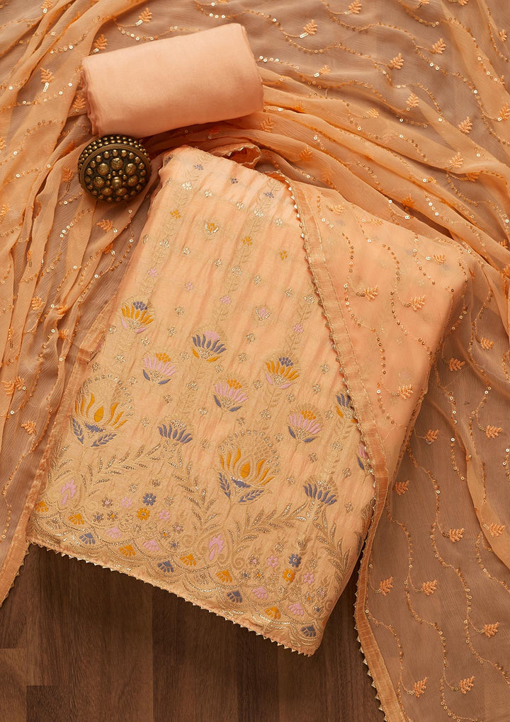 Peach Zariwork Semi Crepe Unstitched Salwar Suit-Koskii