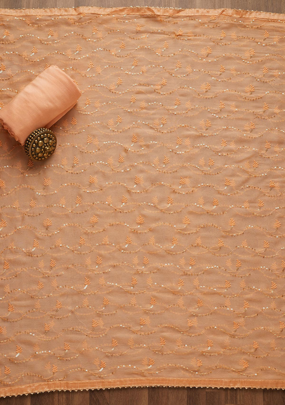 Peach Zariwork Semi Crepe Unstitched Salwar Suit-Koskii