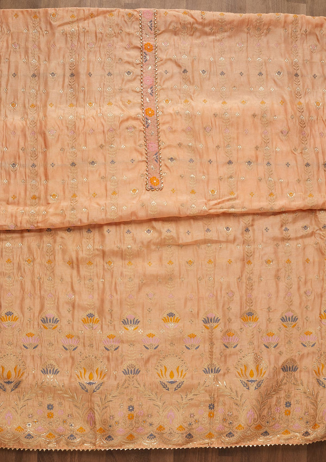 Peach Zariwork Semi Crepe Unstitched Salwar Suit-Koskii