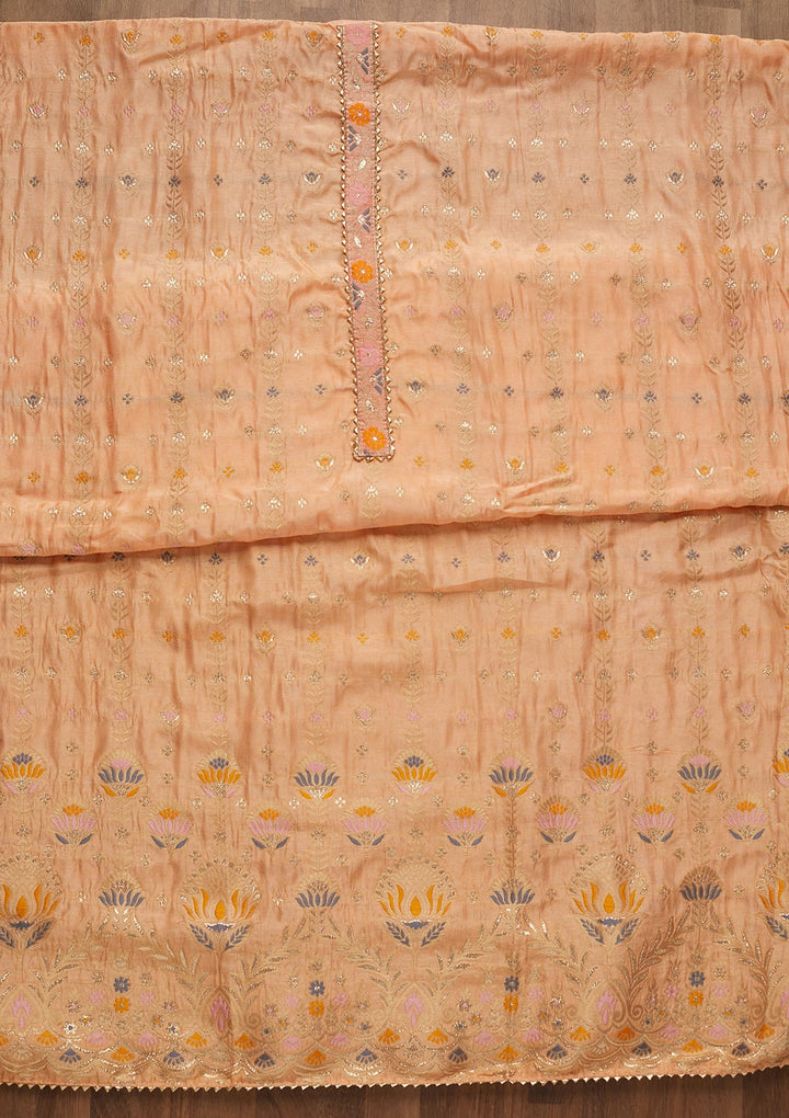 Peach Zariwork Semi Crepe Unstitched Salwar Suit-Koskii