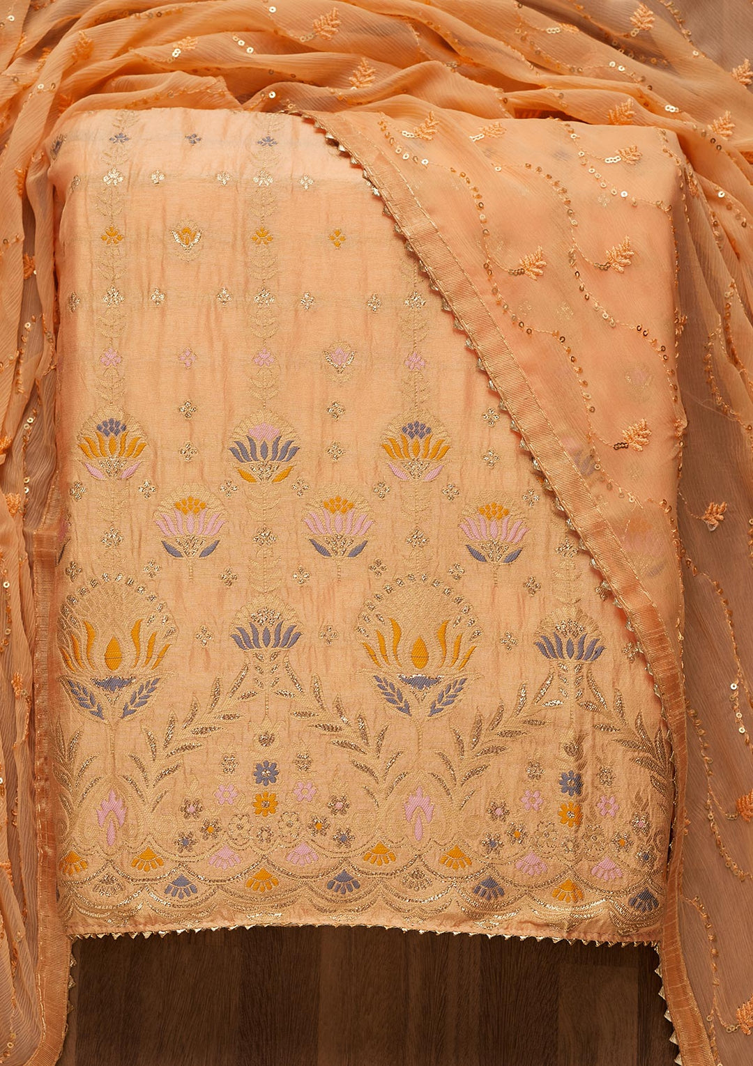 Peach Zariwork Semi Crepe Unstitched Salwar Suit-Koskii