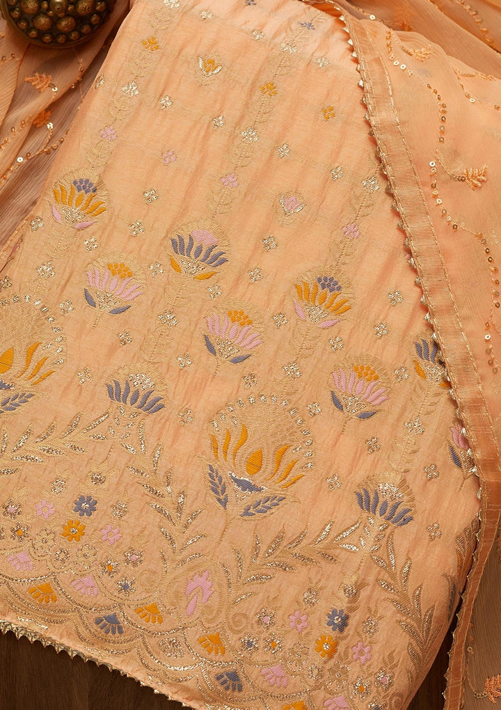 Peach Zariwork Semi Crepe Unstitched Salwar Suit-Koskii