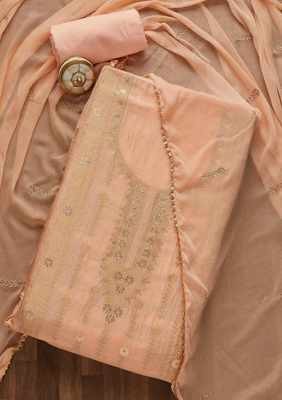 Peach Zariwork Semi Crepe Unstitched Salwar Suit-Koskii