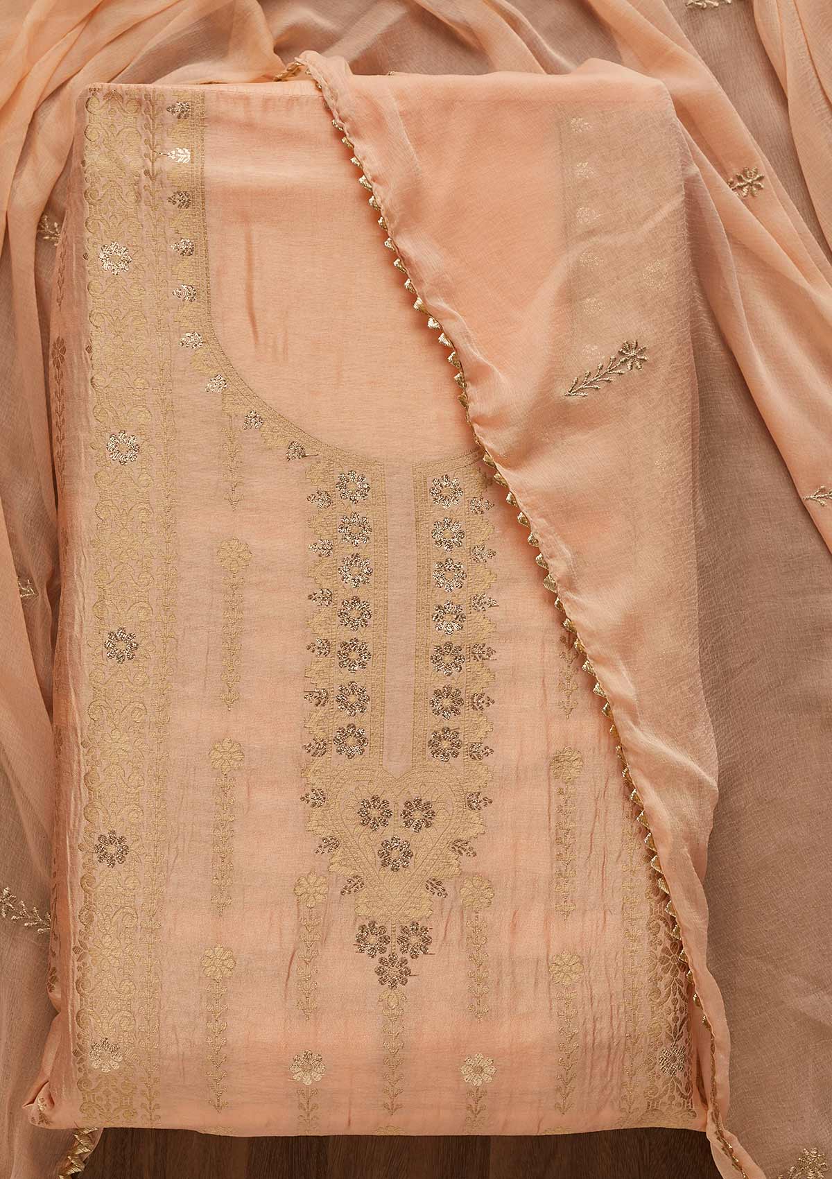 Peach Zariwork Semi Crepe Unstitched Salwar Suit-Koskii