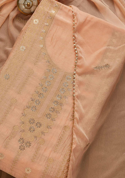 Peach Zariwork Semi Crepe Unstitched Salwar Suit-Koskii