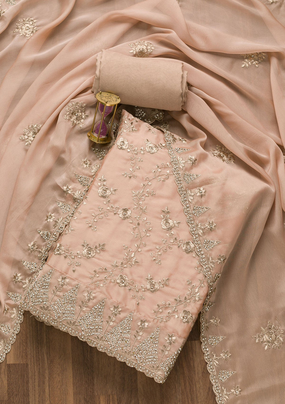 Peach Zariwork Semi Crepe Unstitched Salwar Suit-Koskii