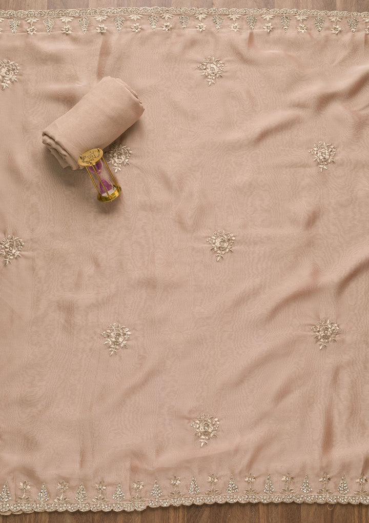 Peach Zariwork Semi Crepe Unstitched Salwar Suit-Koskii