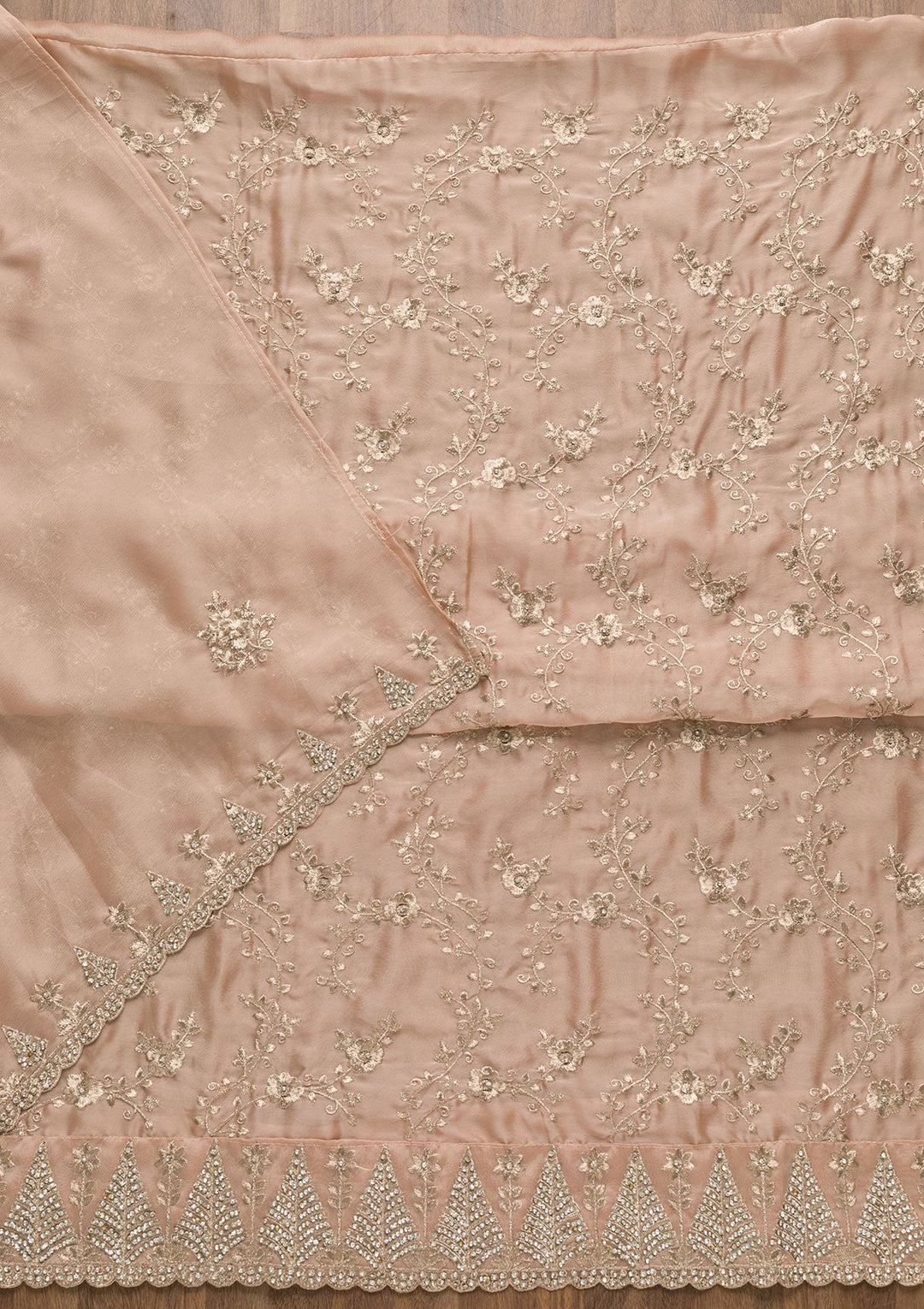 Peach Zariwork Semi Crepe Unstitched Salwar Suit-Koskii