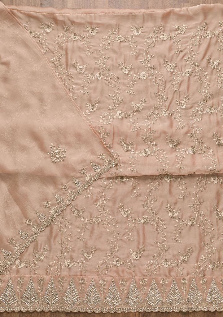 Peach Zariwork Semi Crepe Unstitched Salwar Suit-Koskii