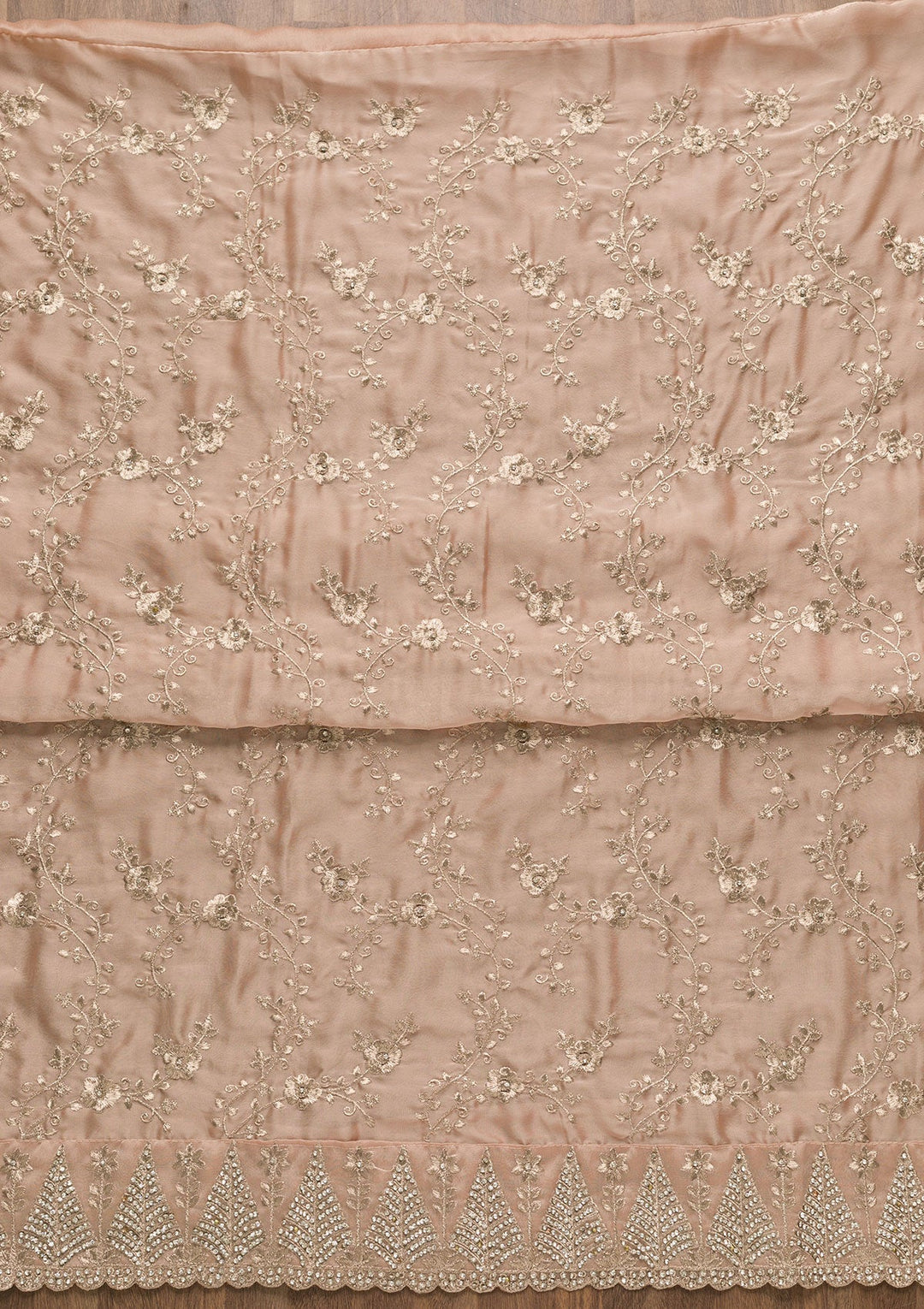 Peach Zariwork Semi Crepe Unstitched Salwar Suit-Koskii