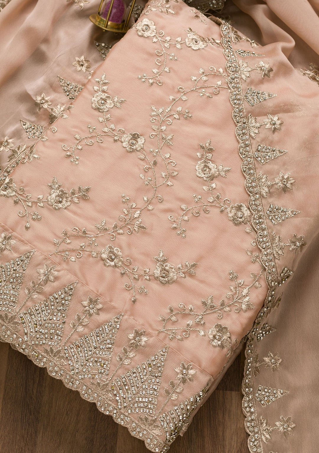 Peach Zariwork Semi Crepe Unstitched Salwar Suit-Koskii