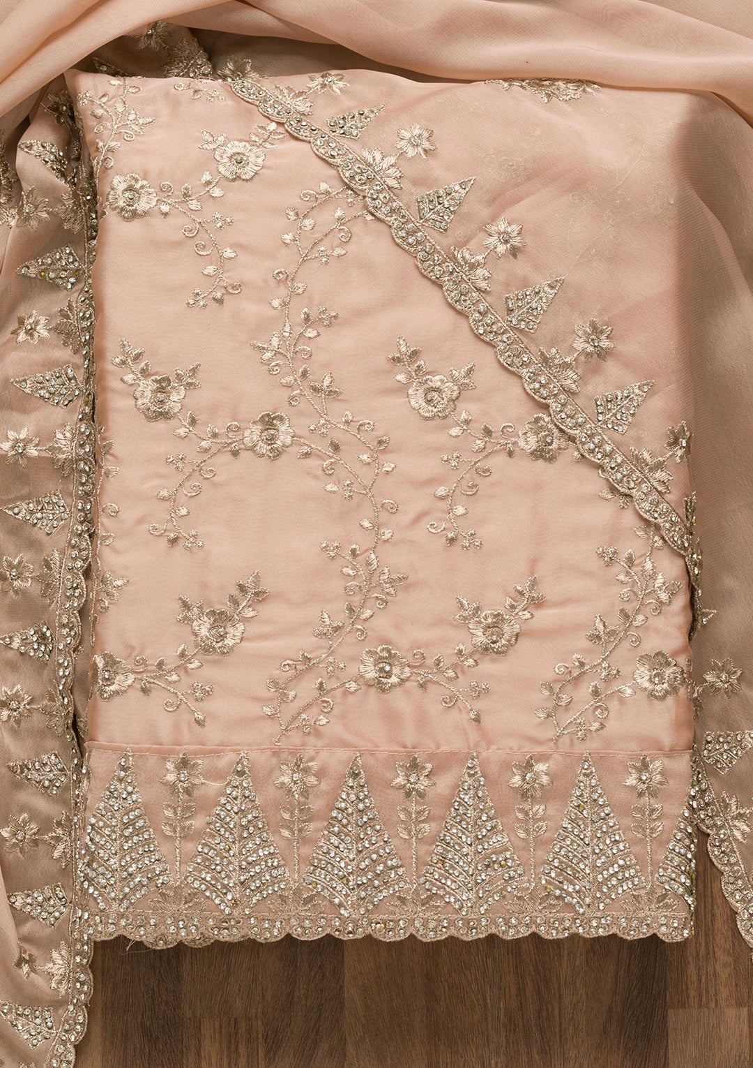 Peach Zariwork Semi Crepe Unstitched Salwar Suit-Koskii