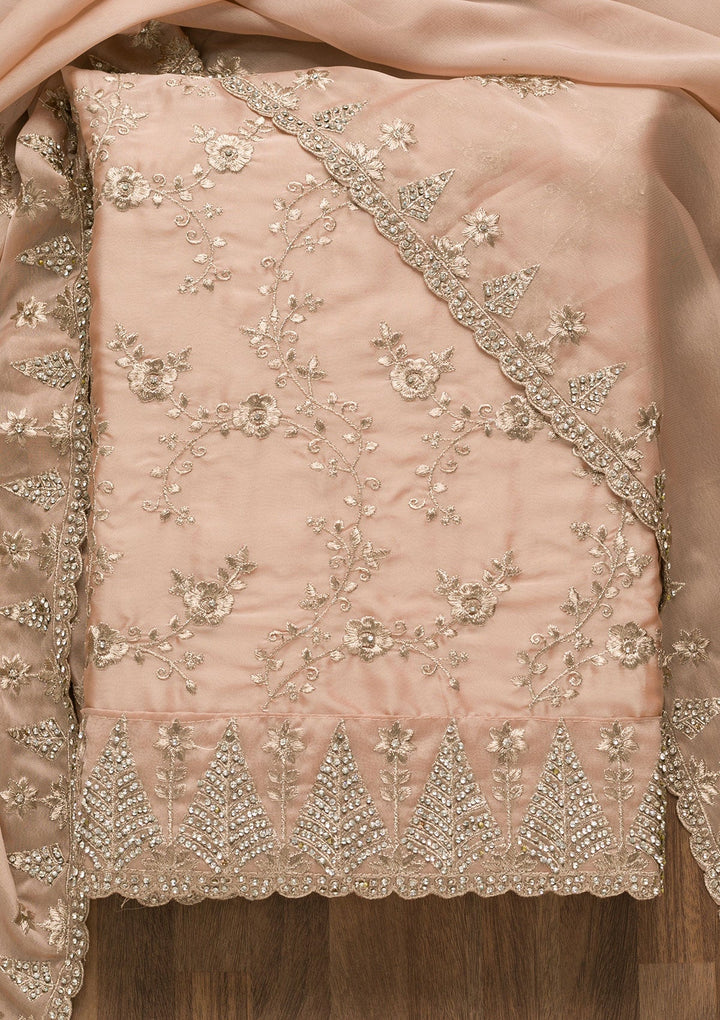 Peach Zariwork Semi Crepe Unstitched Salwar Suit-Koskii