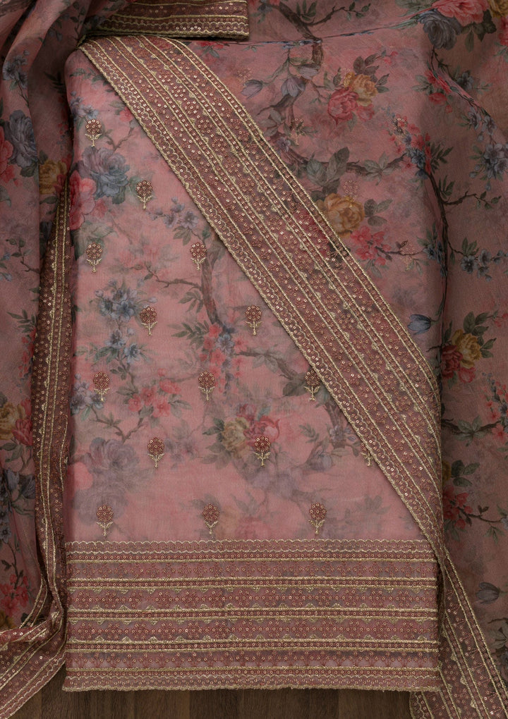 Peach Zariwork Chanderi Unstitched Salwar Suit-Koskii