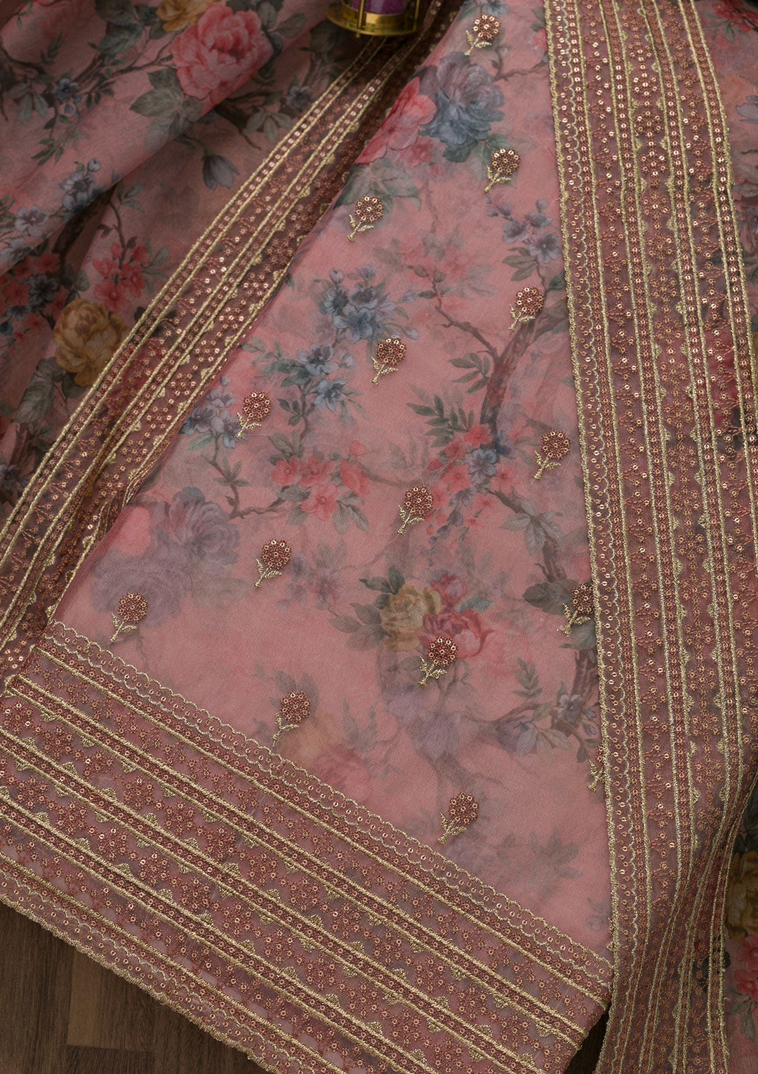 Peach Zariwork Chanderi Unstitched Salwar Suit-Koskii
