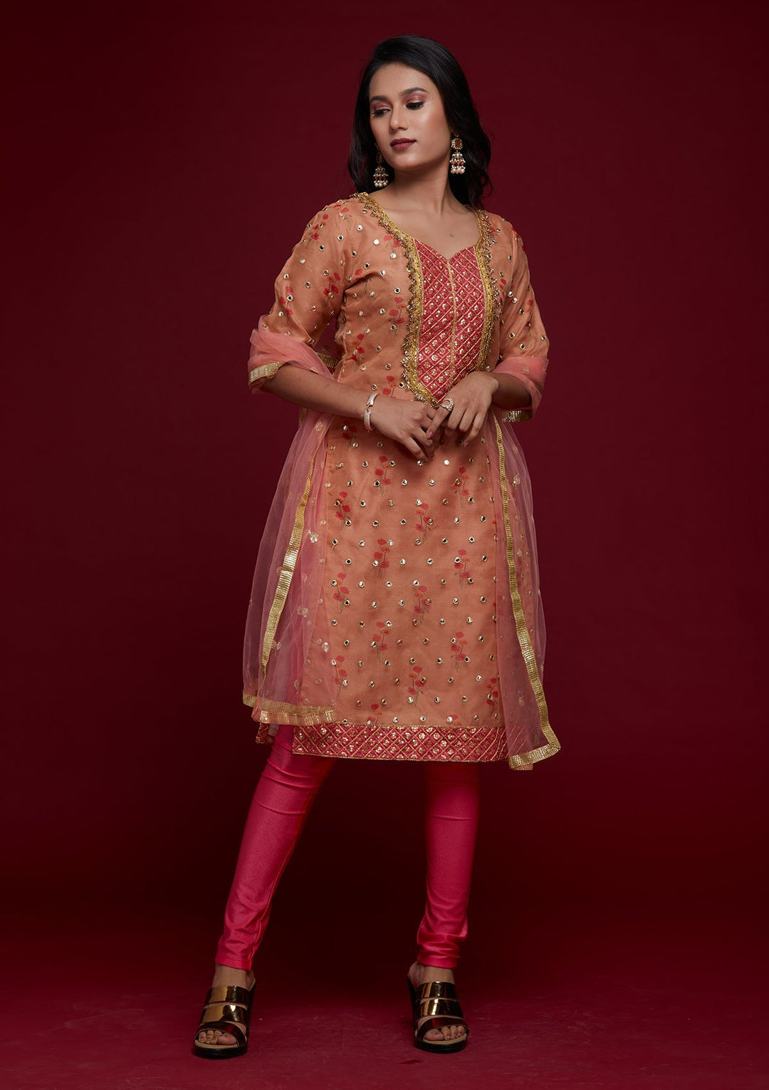 Peach Zariwork Shimmer Designer Salwar Suit - Koskii