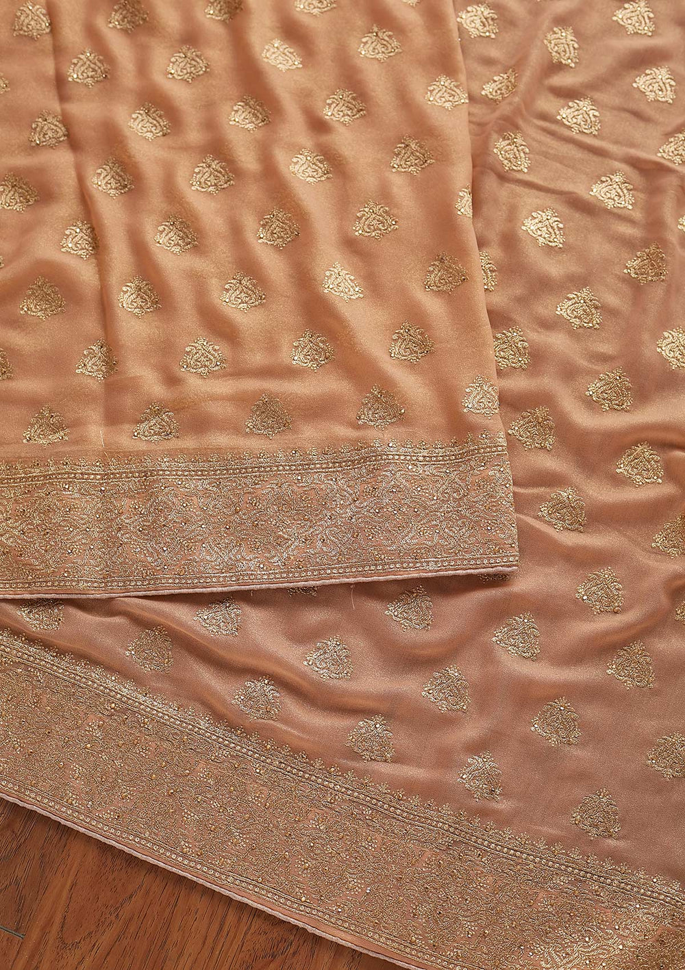 Peach Zariwork Shimmer Designer Saree - koskii