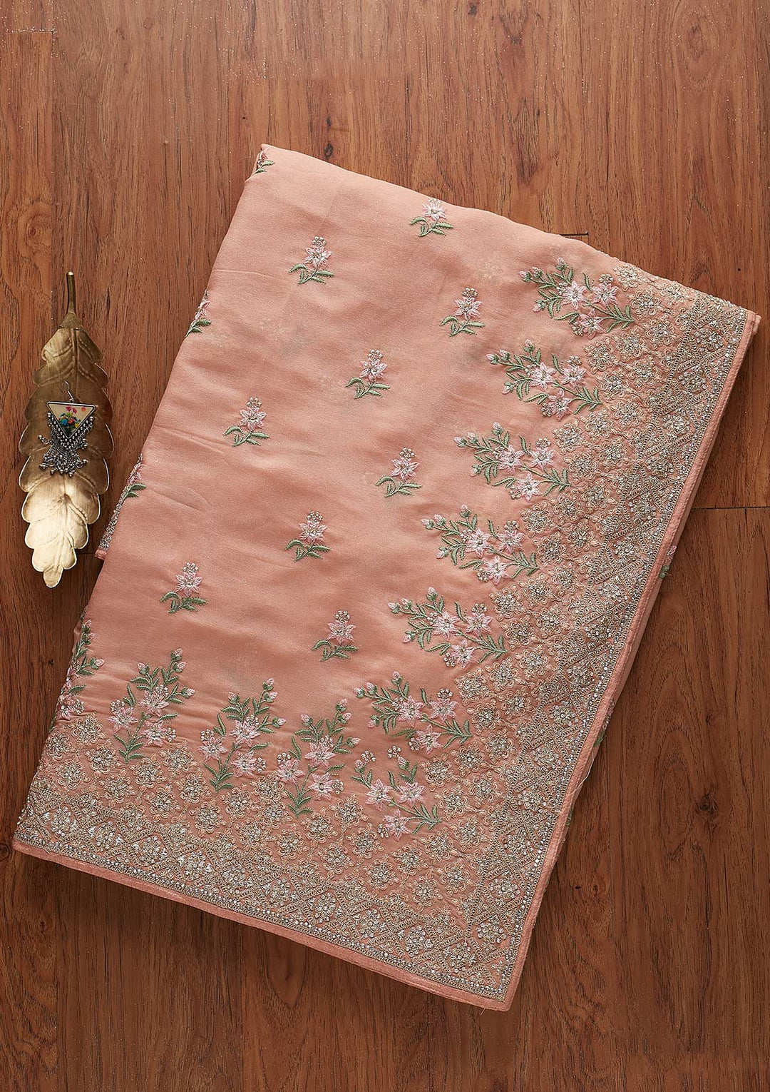 Peach Zariwork Shimmer Designer Saree - koskii