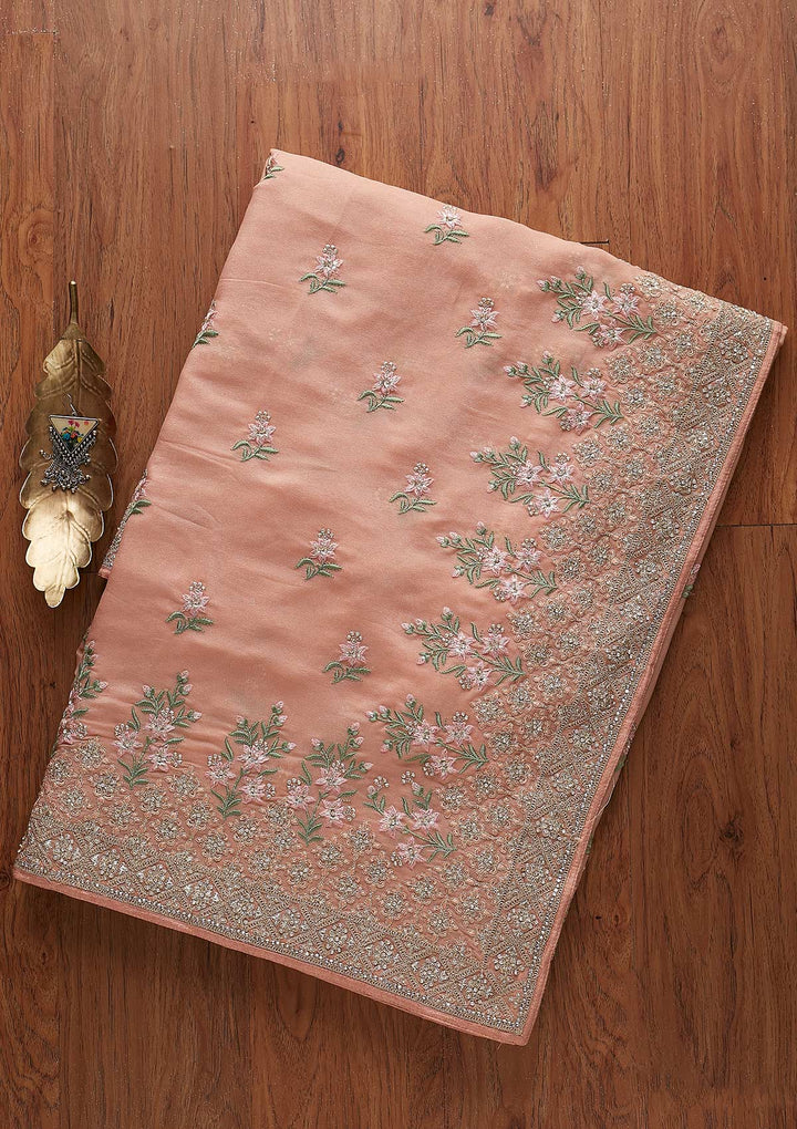 Peach Zariwork Shimmer Designer Saree - koskii