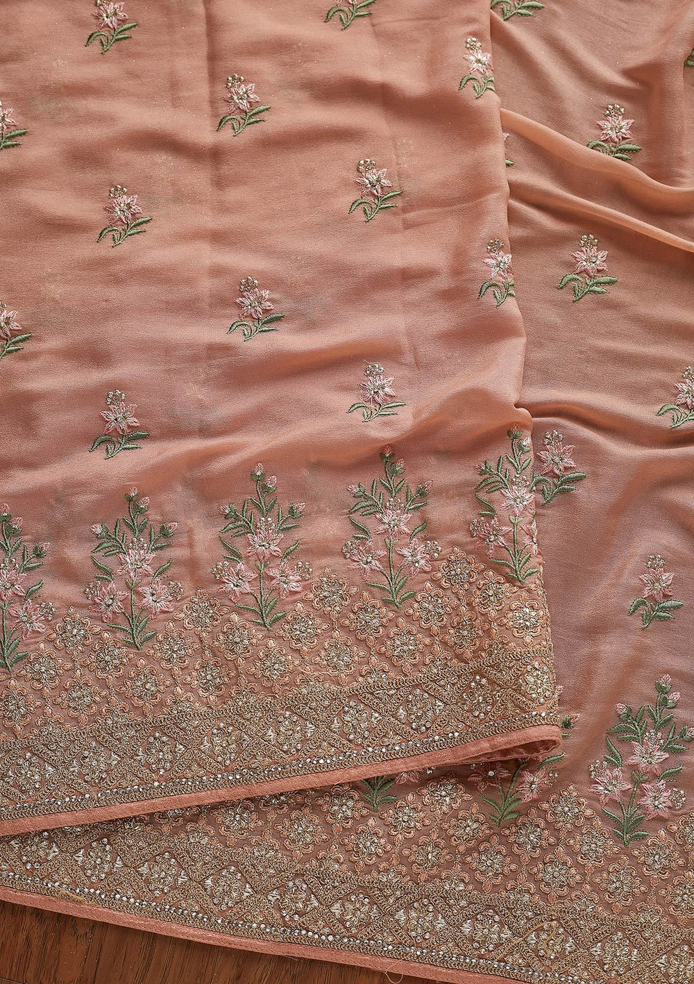 Peach Zariwork Shimmer Designer Saree - koskii