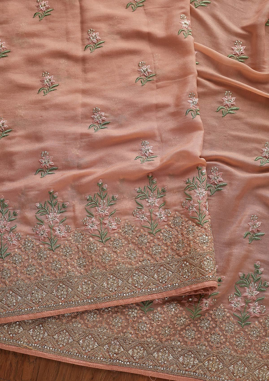 Peach Zariwork Shimmer Designer Saree - koskii