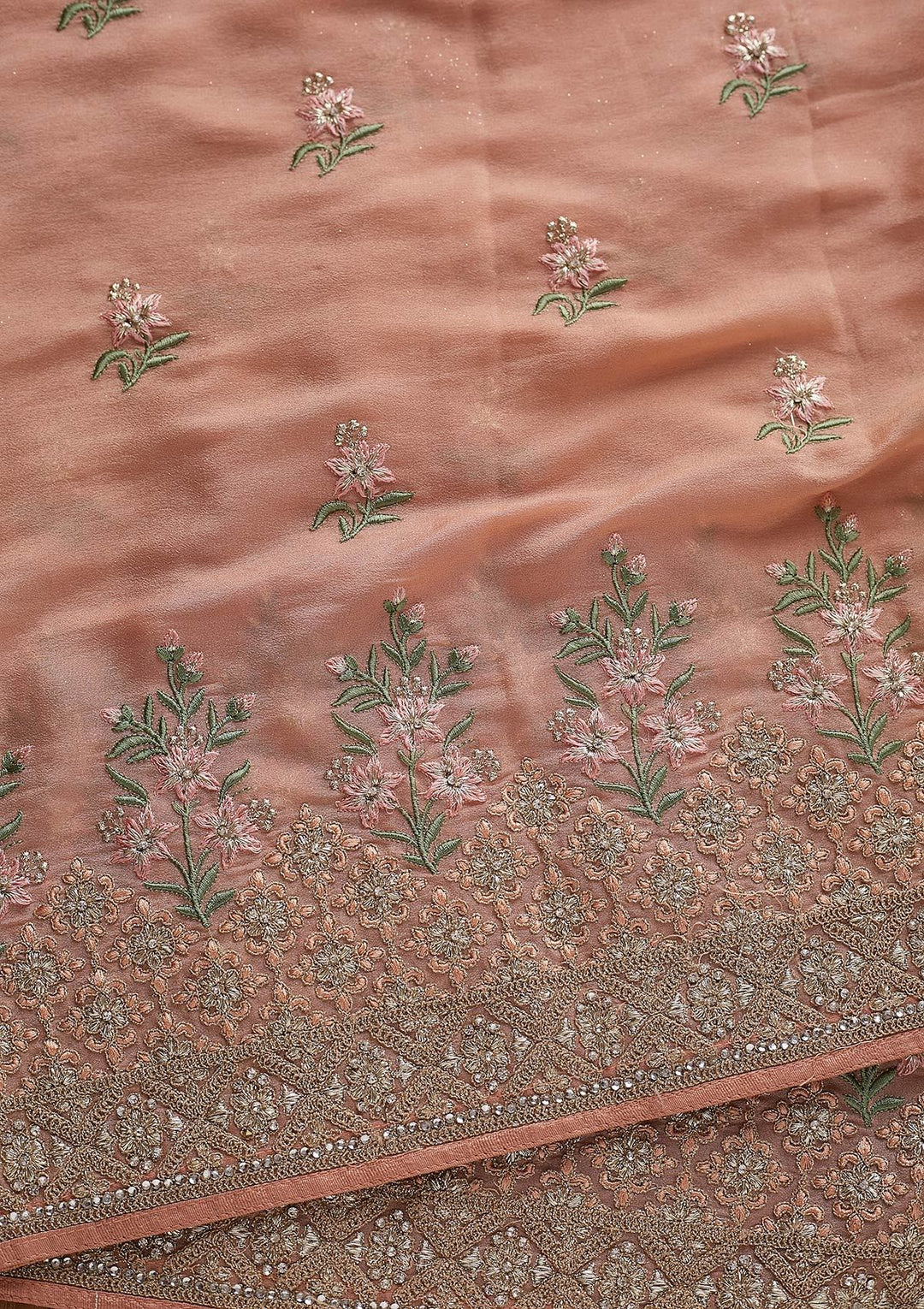 Peach Zariwork Shimmer Designer Saree - koskii