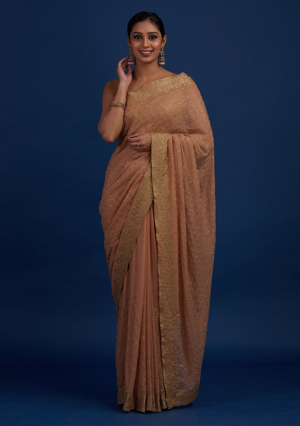 Peach Zariwork Shimmer Designer Saree - Koskii