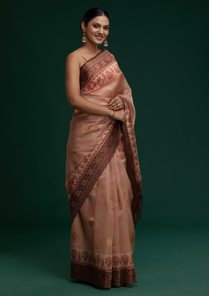 Peach Zariwork Taffeta Silk Saree - Koskii