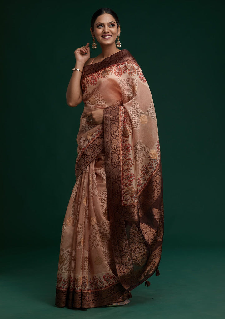Peach Zariwork Taffeta Silk Saree - Koskii