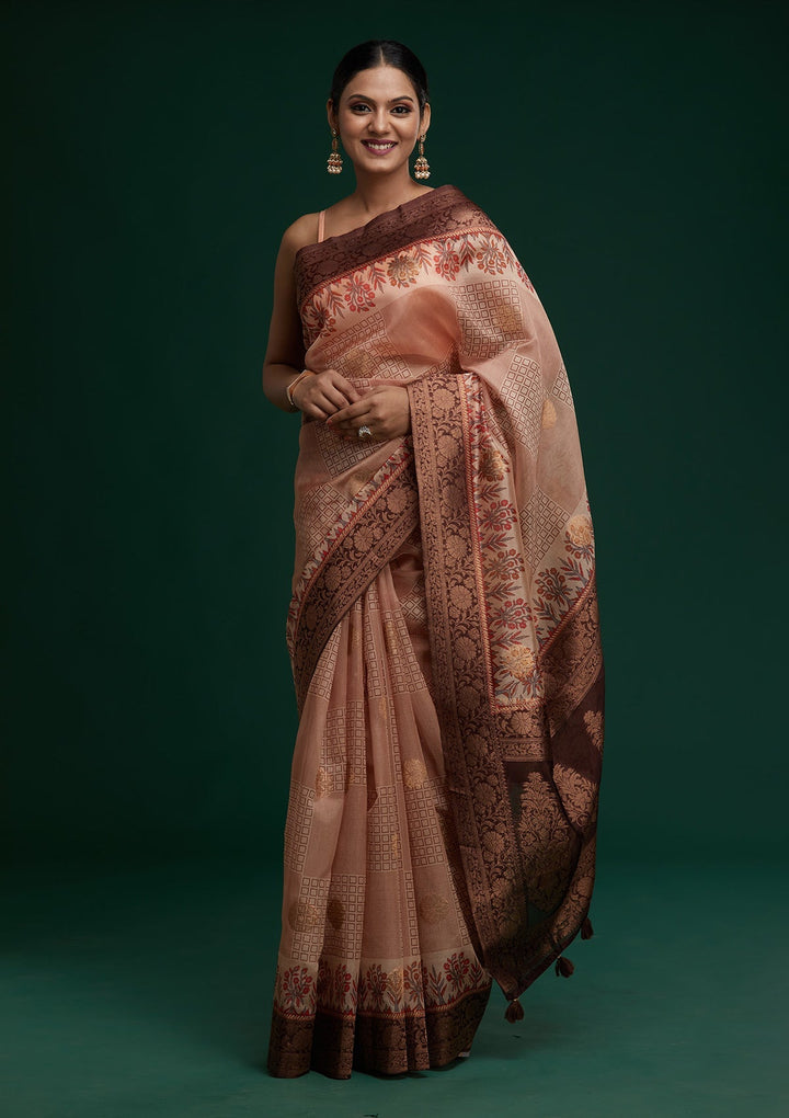 Peach Zariwork Taffeta Silk Saree - Koskii