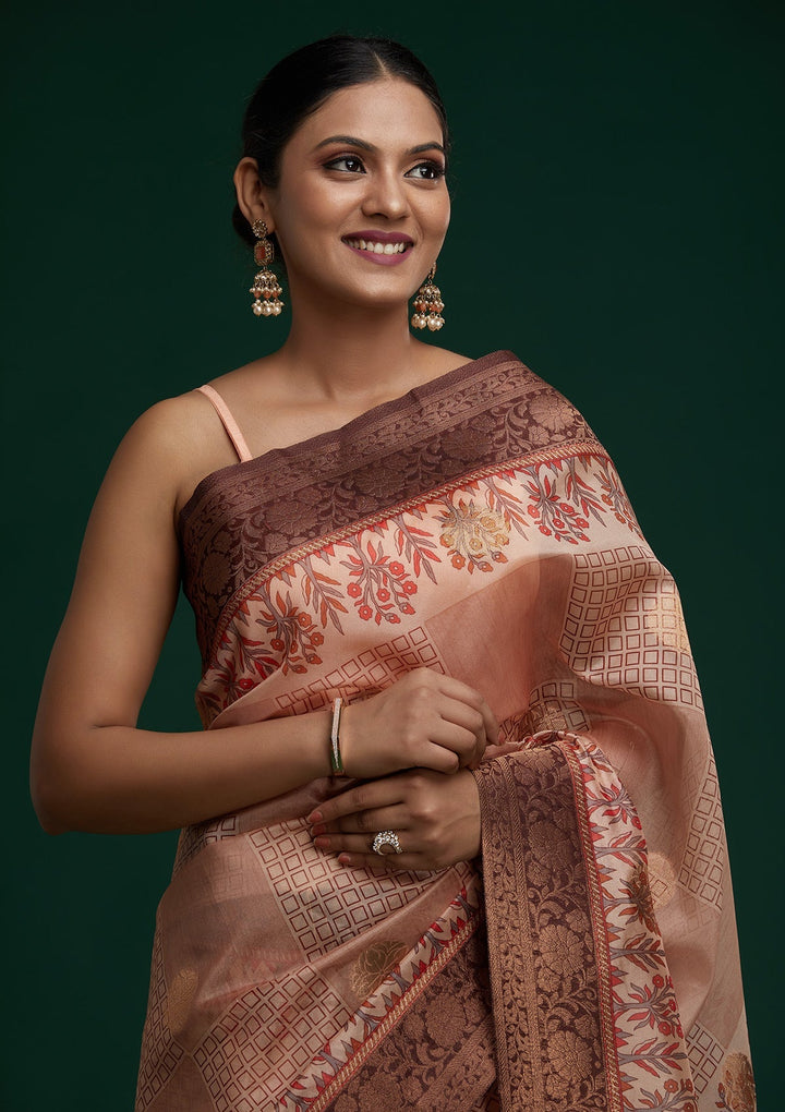 Peach Zariwork Taffeta Silk Saree - Koskii