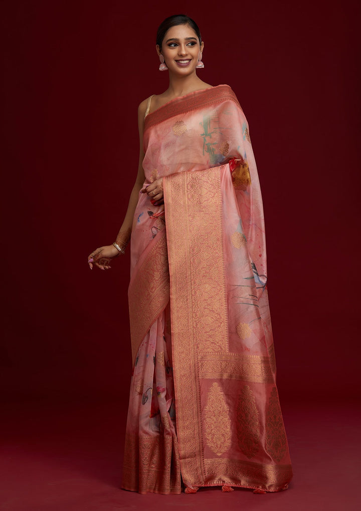 Peach Zariwork Taffeta Silk Saree- Koskii