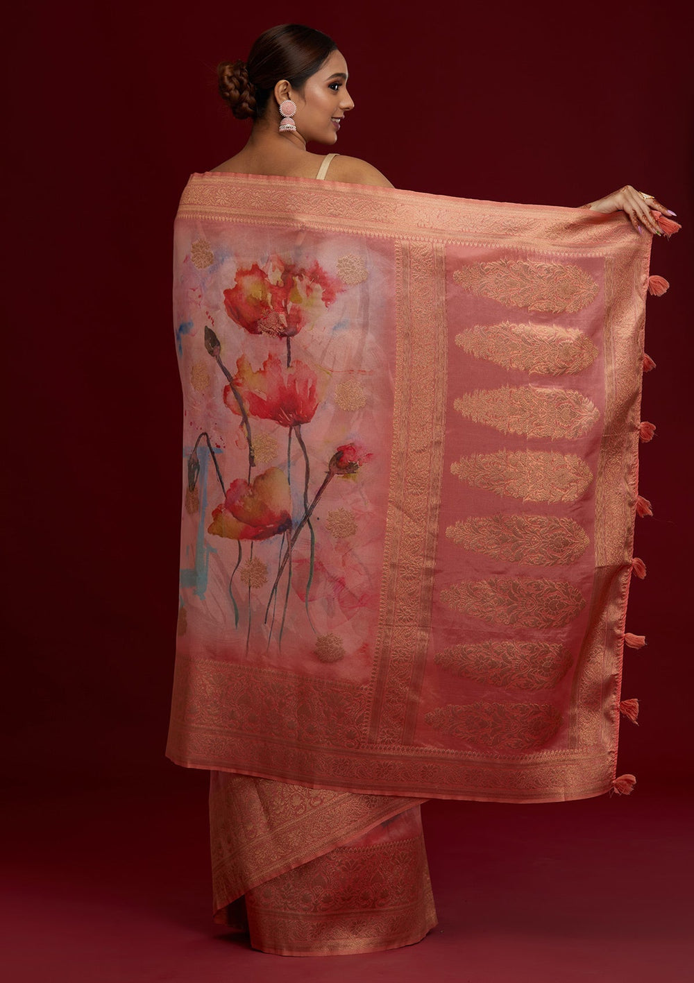 Peach Zariwork Taffeta Silk Saree - Koskii