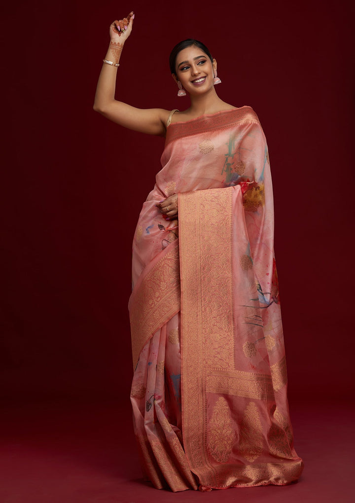 Peach Zariwork Taffeta Silk Saree - Koskii