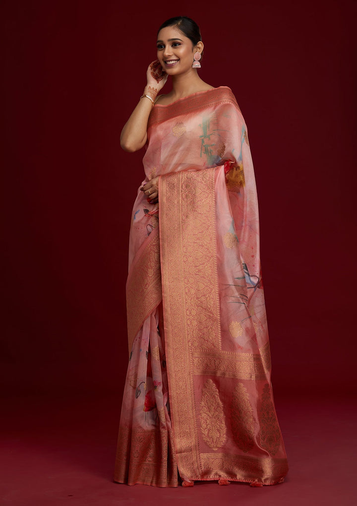 Peach Zariwork Taffeta Silk Saree - Koskii