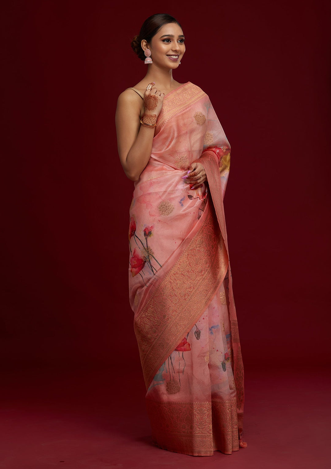 Peach Zariwork Taffeta Silk Saree - Koskii