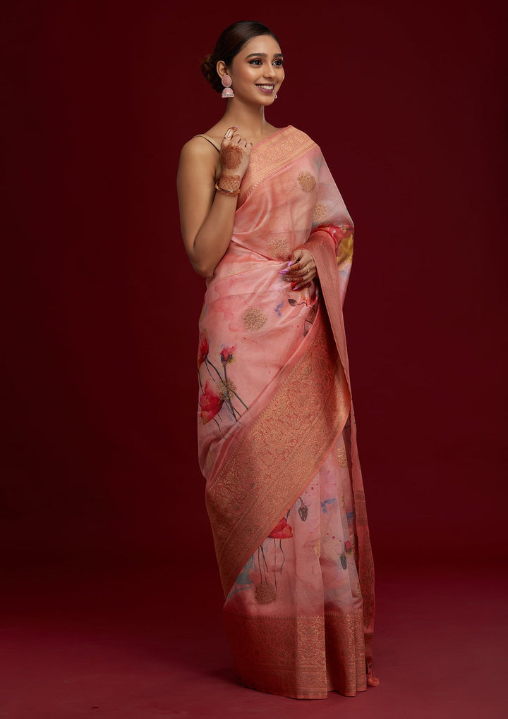 Peach Zariwork Taffeta Silk Saree - Koskii