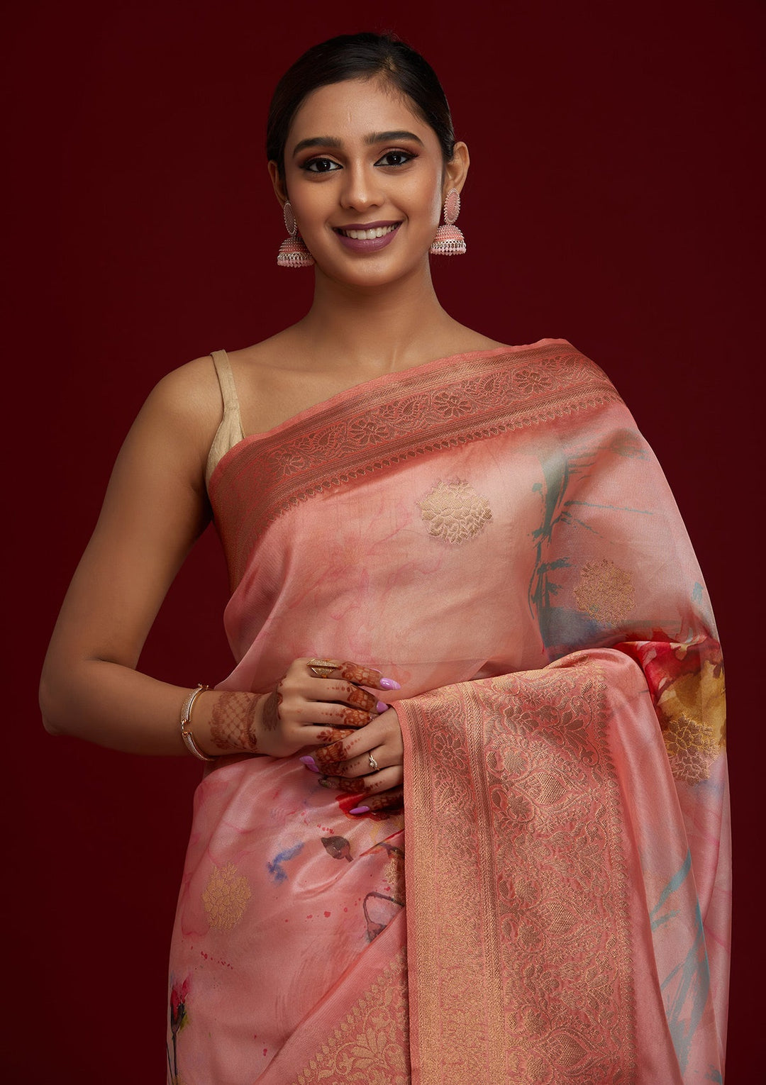 Peach Zariwork Taffeta Silk Saree - Koskii