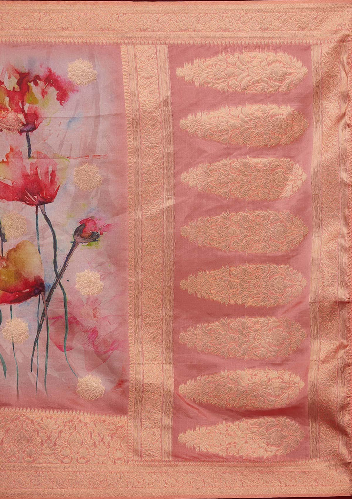 Peach Zariwork Taffeta Silk Saree - Koskii