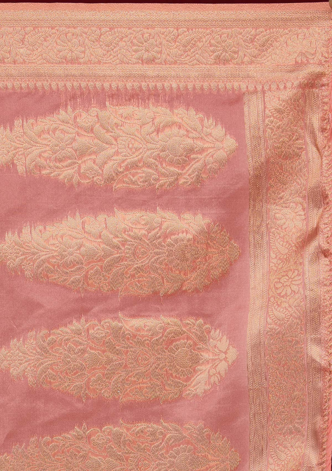 Peach Zariwork Taffeta Silk Saree - Koskii