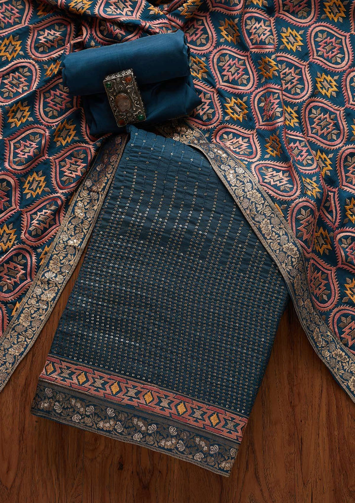 Peacock Blue Chikankari Semi Crepe Unstitched Salwar Suit - Koskii