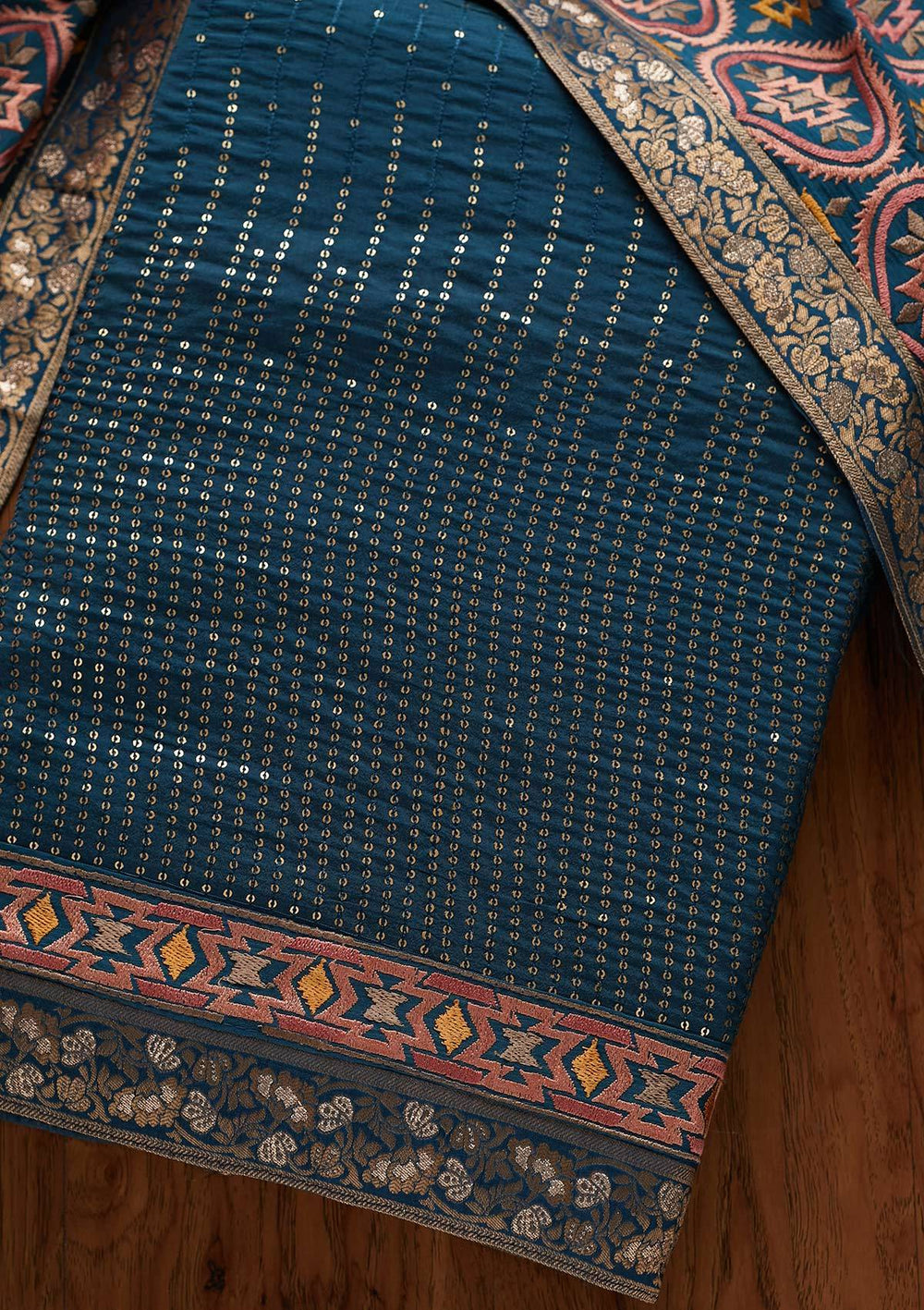 Peacock Blue Chikankari Semi Crepe Unstitched Salwar Suit - Koskii